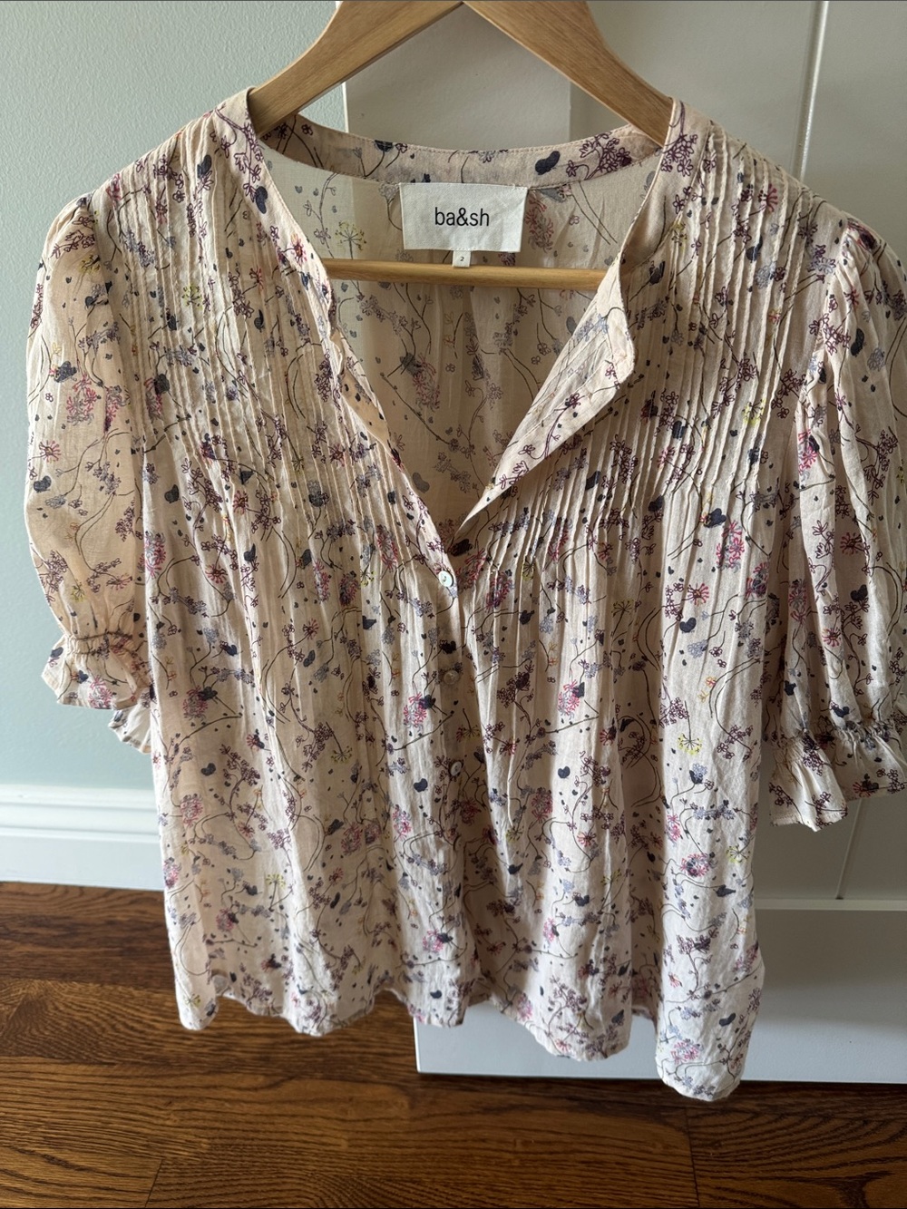 ba&sh Cream Floral Pintuck Peasant Blouse